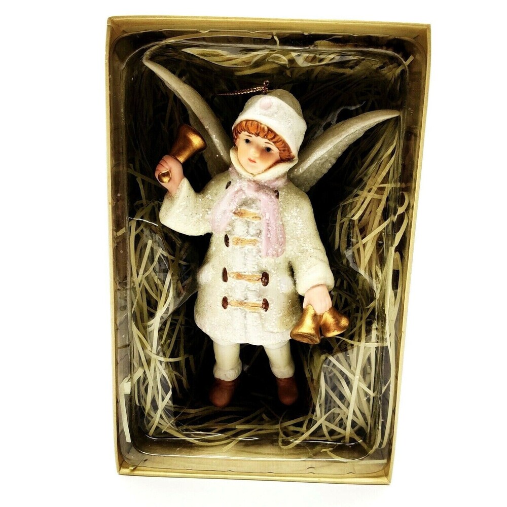MIB Vtg Style Costco Christmas Ornament Glitter Ceramic Snow Angel Bell Ringer